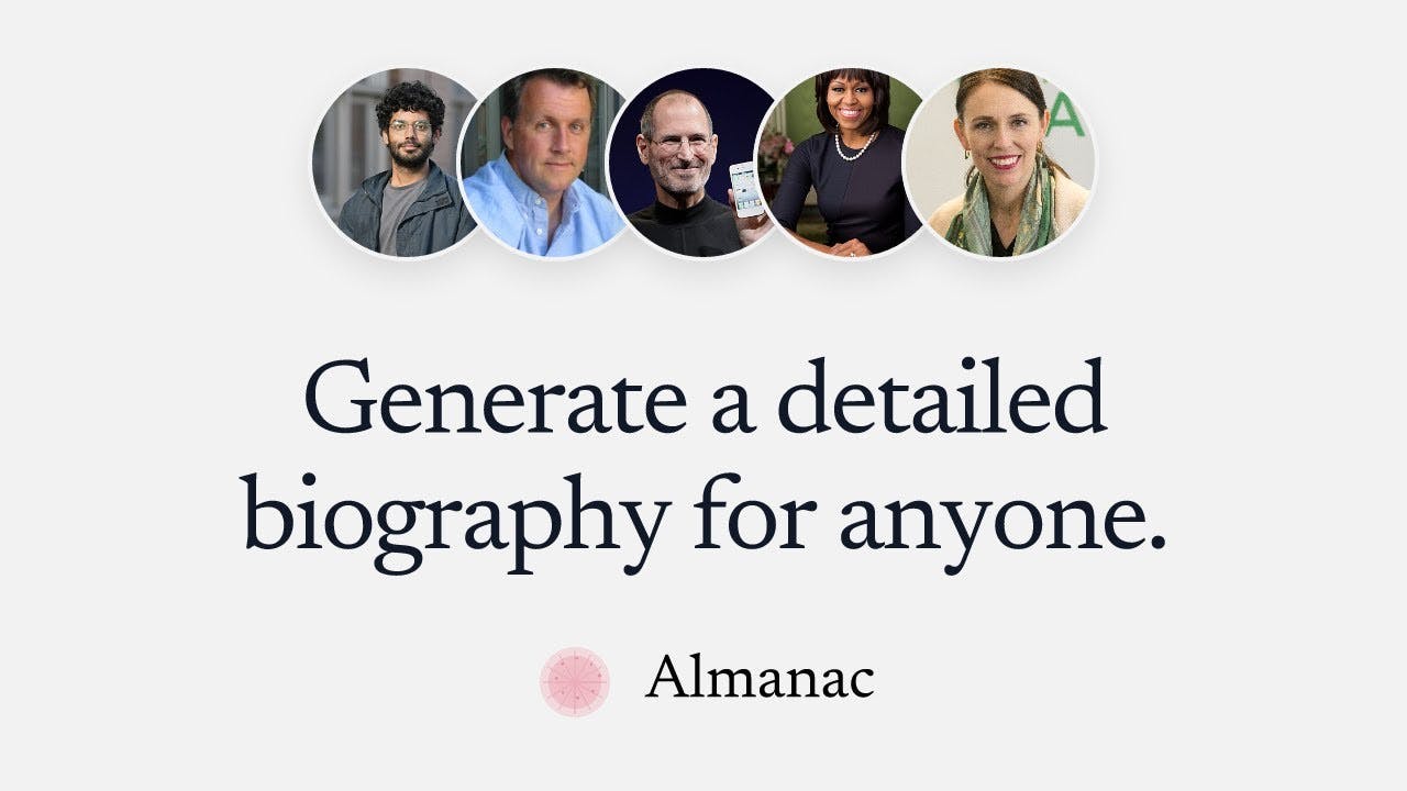 The Almanac at thealmanac.ai, the original product, showing biography generation