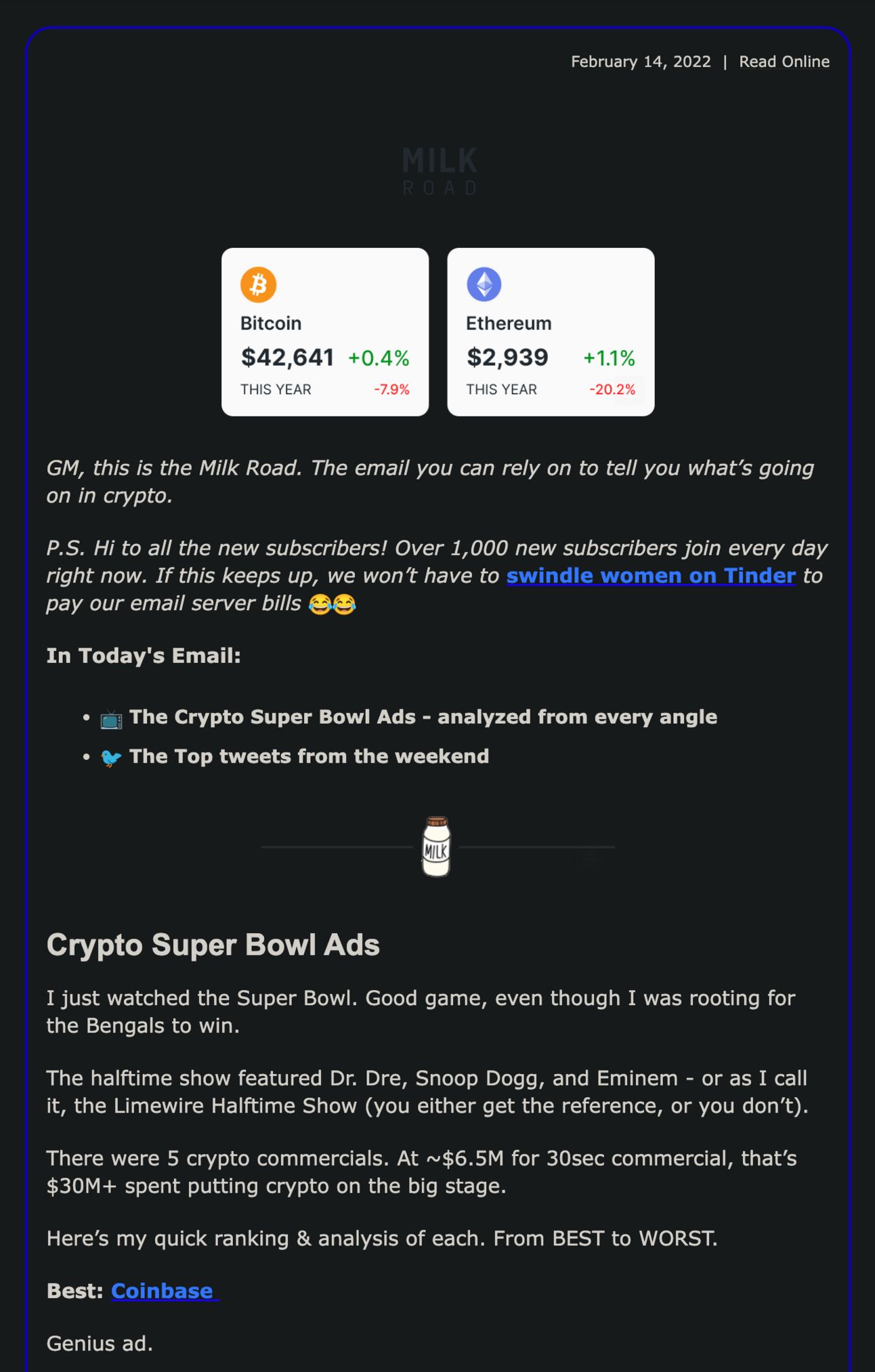 A screenshot of a Milk Road newsletter from February 14, 2022, showing the blue-bordered layout, crypto price ticker, and Milk Road mascot