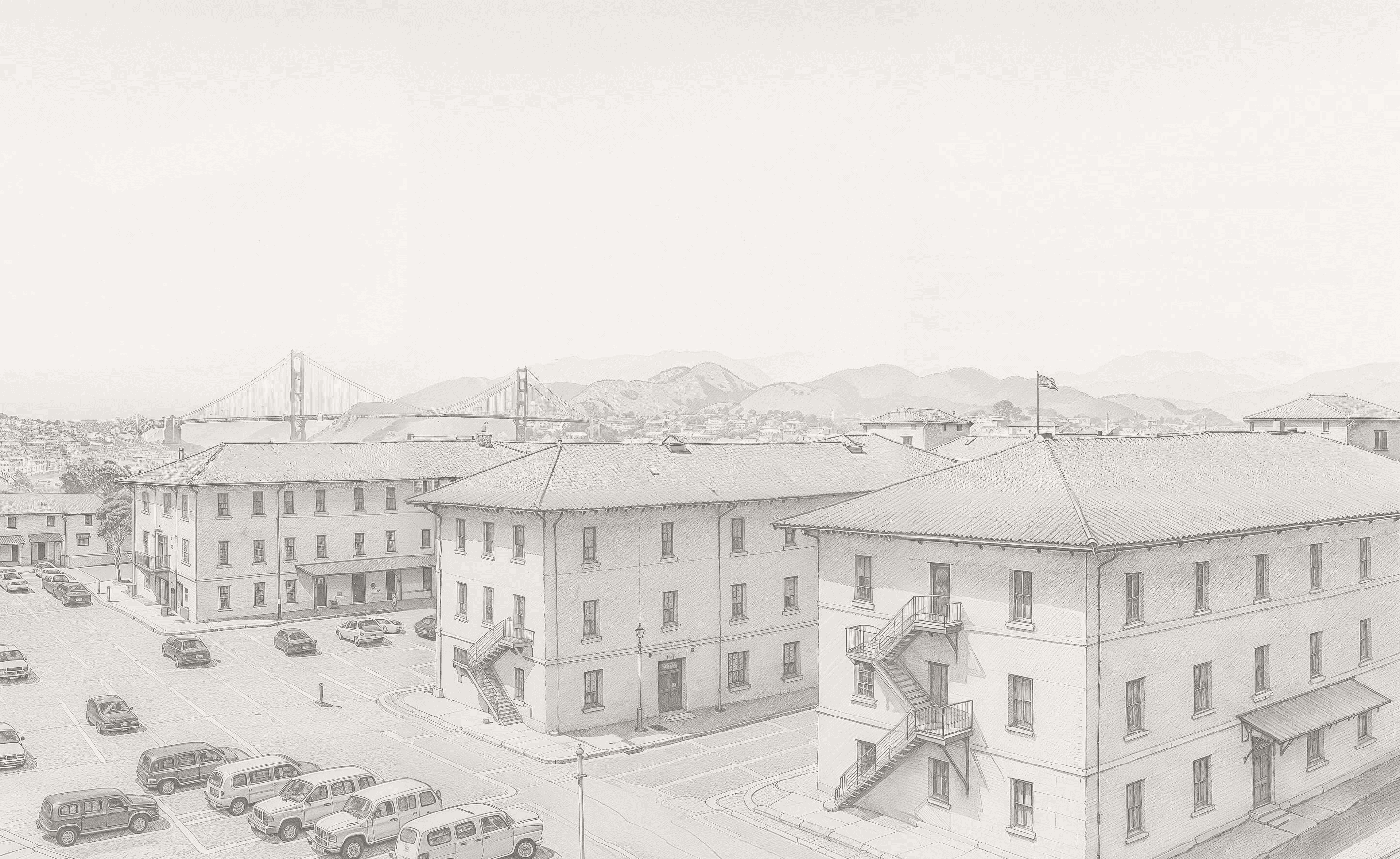 The Founders, Inc. open workspace at Fort Mason, where Canopy in-person teams work at shared desks across the second floor of Building B